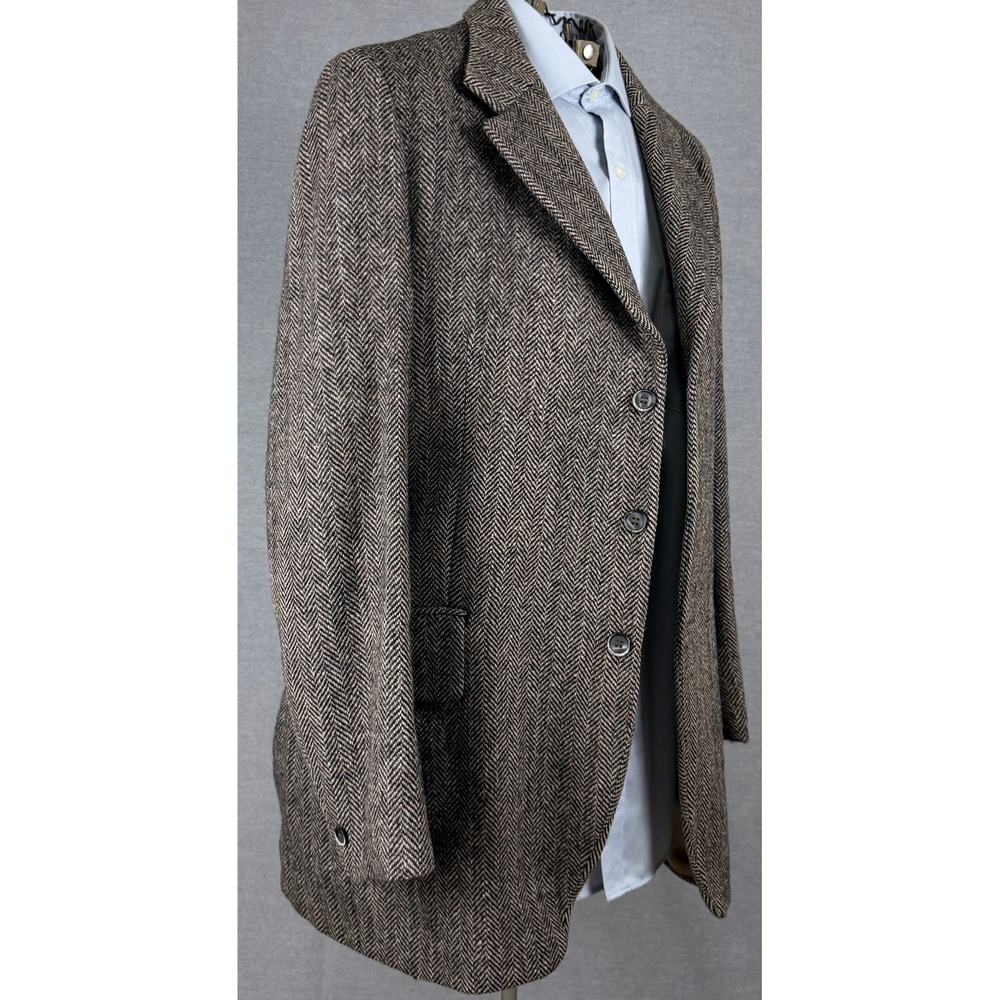 Vintage Bespoke Harris Tweed Herringbone‎ Wool Blazer Sport Coat Brown 42R